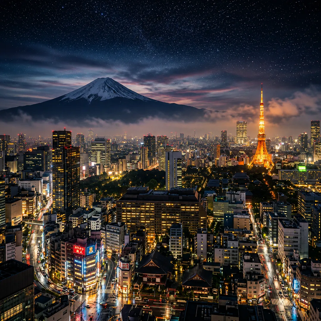 Tokyo về đêm với núi Phú Sĩ và Tokyo Tower